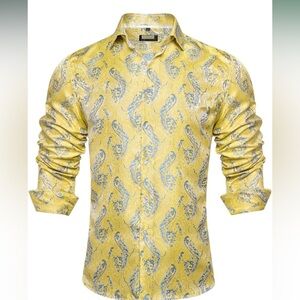 DiBanGu men’s silk yellow long sleeve paisley button down shirt